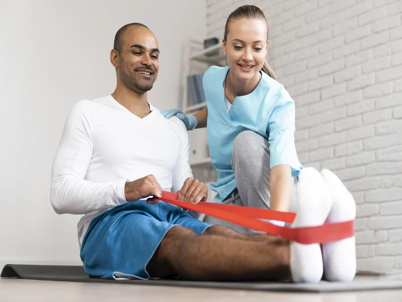 man-female-physiotherapist-doing-exercises-with-elastic-band
